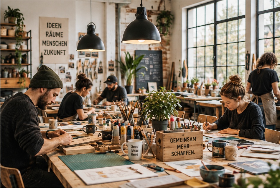 Menschen arbeiten gemeinsam an einem großen Tisch in einer Kreativwerkstatt